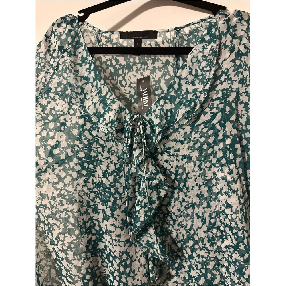 White House Black Market Ruffle Front Blouse SZ L V Neck Color Teal - Picture 8 of 14